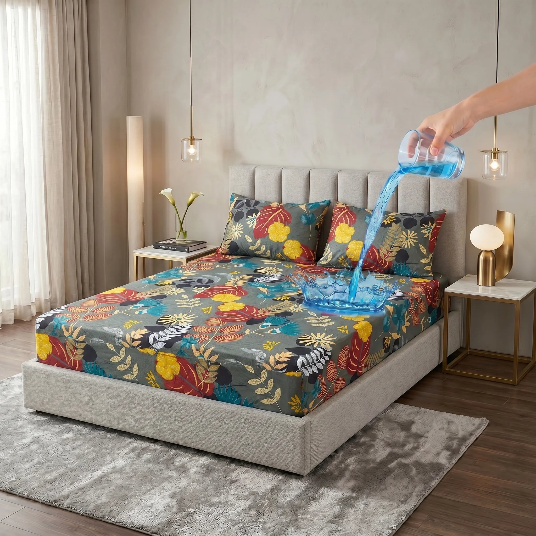 Tropical Botanical Floral Waterproof Fitted Sheet Set  — 3 PCs