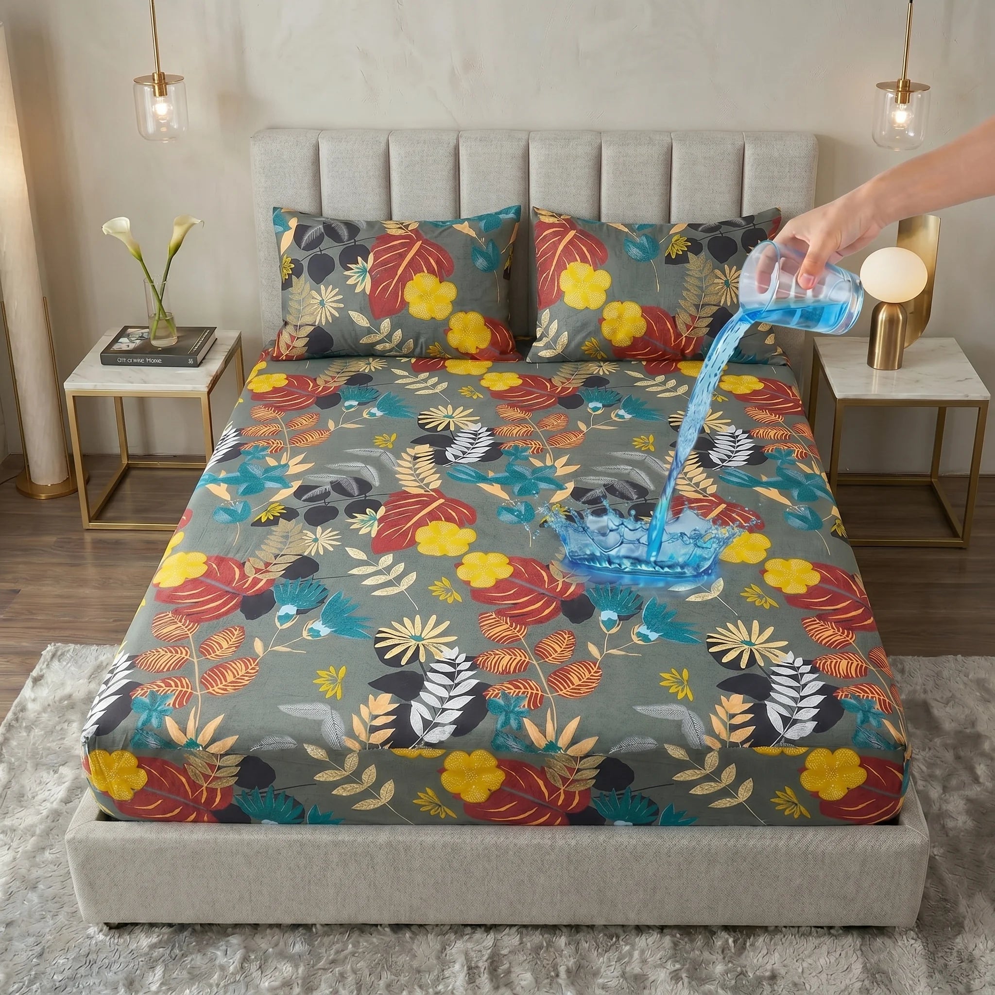 Tropical Botanical Floral Waterproof Fitted Sheet Set  — 3 PCs