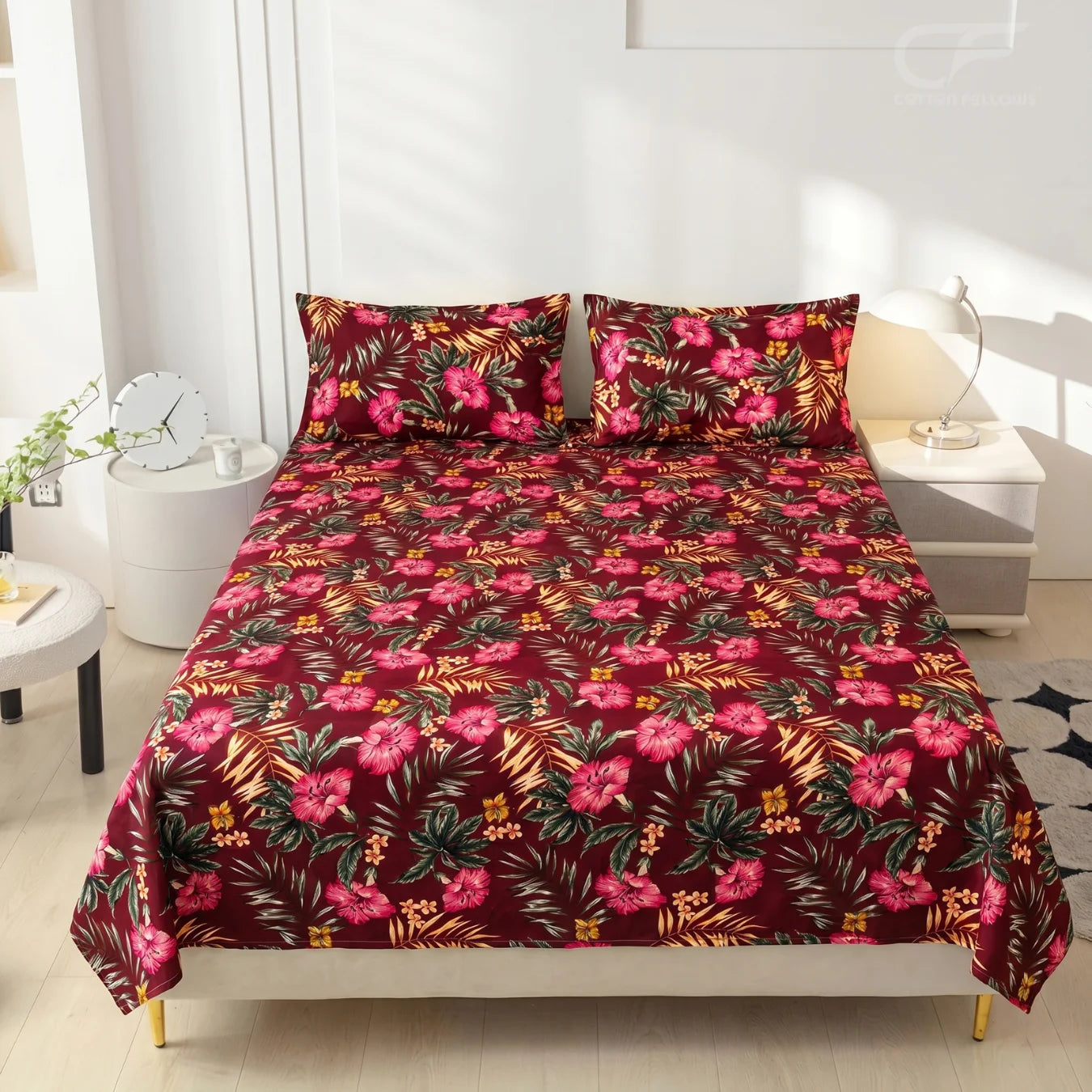 Tropical Crimson Bloom Printed Bedsheet Set