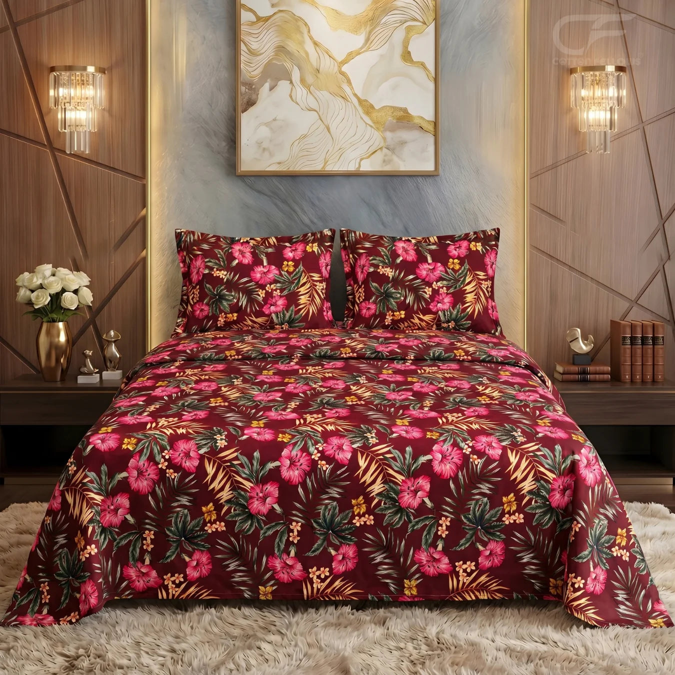 Tropical Crimson Bloom Printed Bedsheet Set
