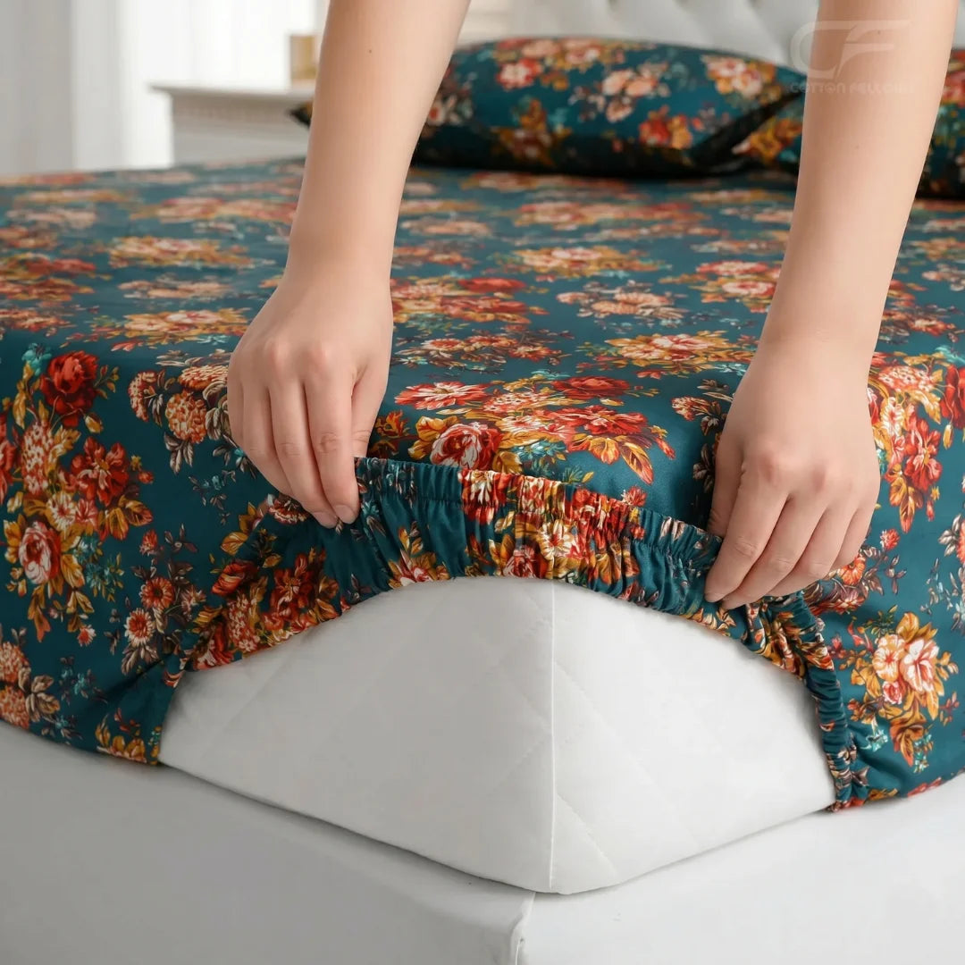 Vintage Teal Bouquet Printed Fitted Sheet