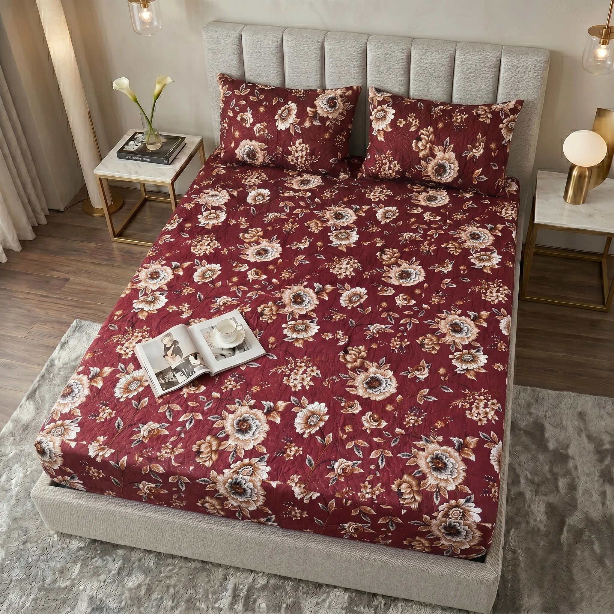 Vintage Floral Printed Waterproof Fitted Sheet Set  — 3 PCs