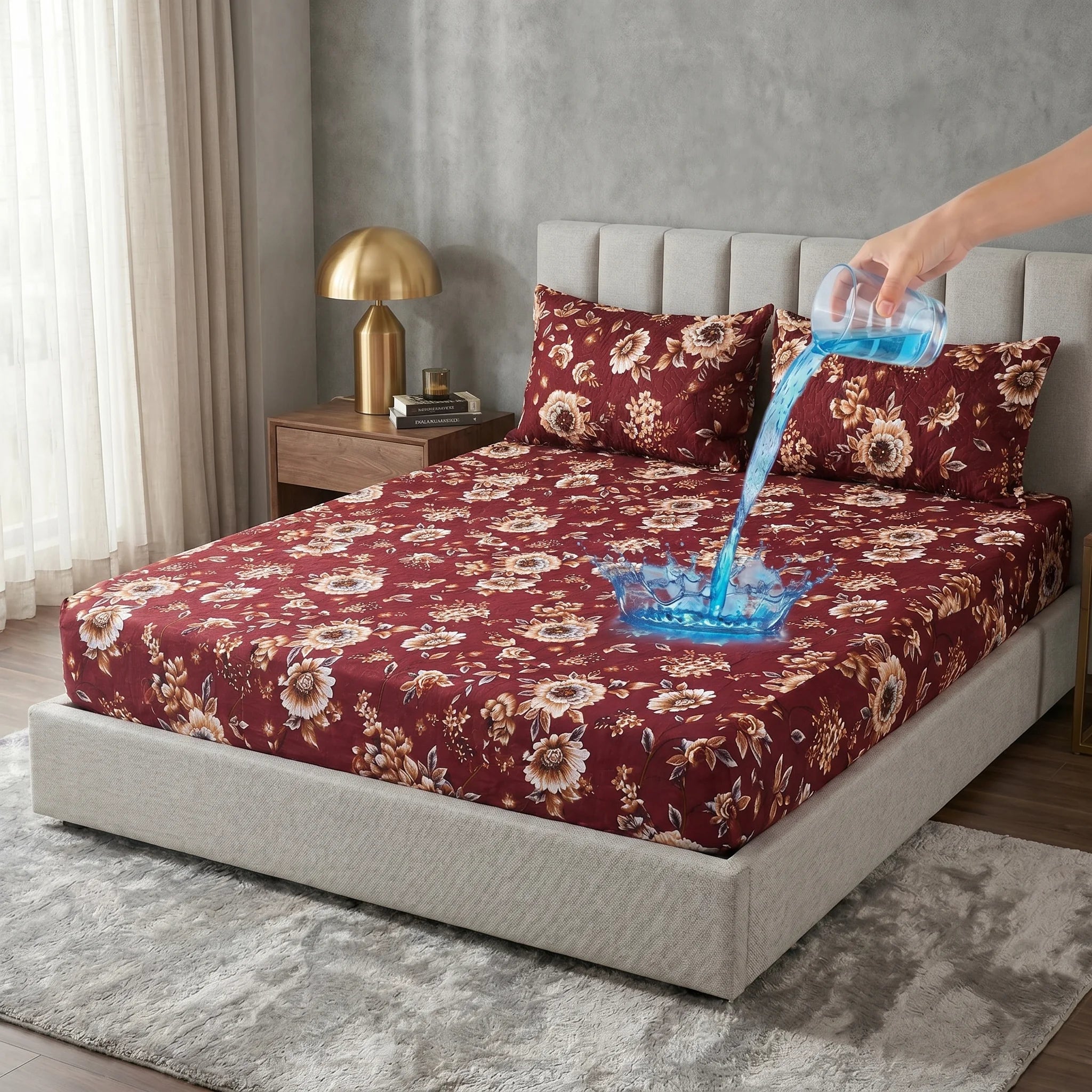 Vintage Floral Printed Waterproof Fitted Sheet Set  — 3 PCs