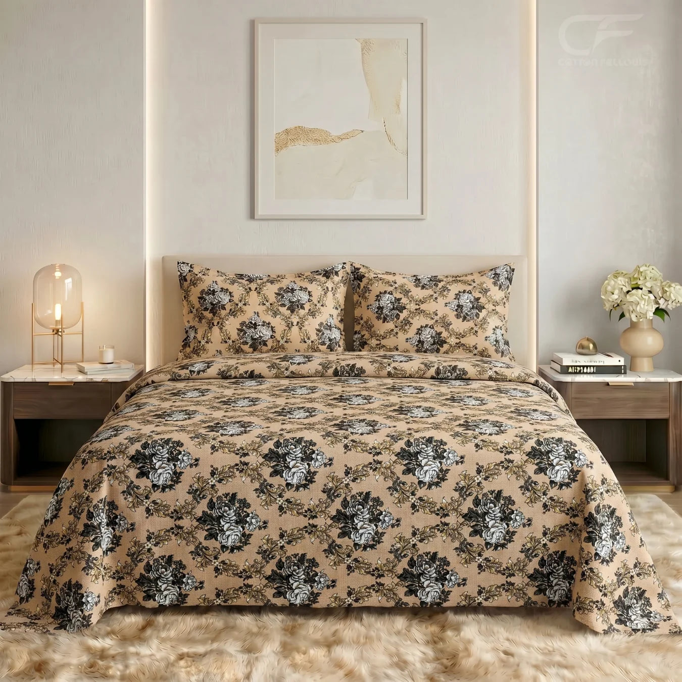 Vintage Monochrome Rose Printed Bedsheet Set