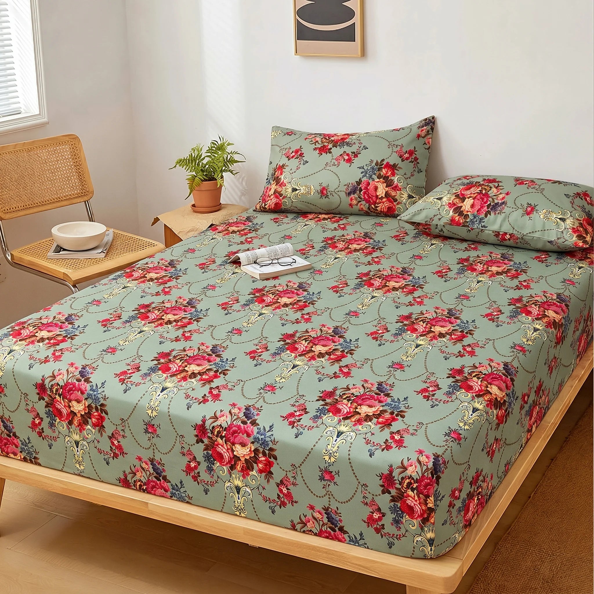 Vintage Sage Bouquet Printed Fitted Sheet