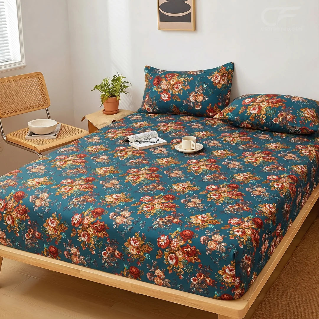 Vintage Teal Bouquet Printed Fitted Sheet