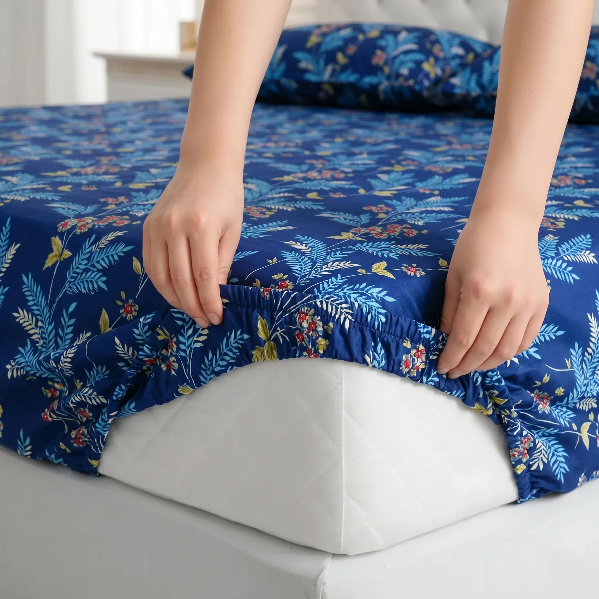 Azure Wildflower Printed Fitted Sheet Set
