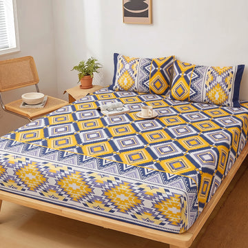 Mustard & Navy Diamond Fitted Sheet Set — Pure Cotton