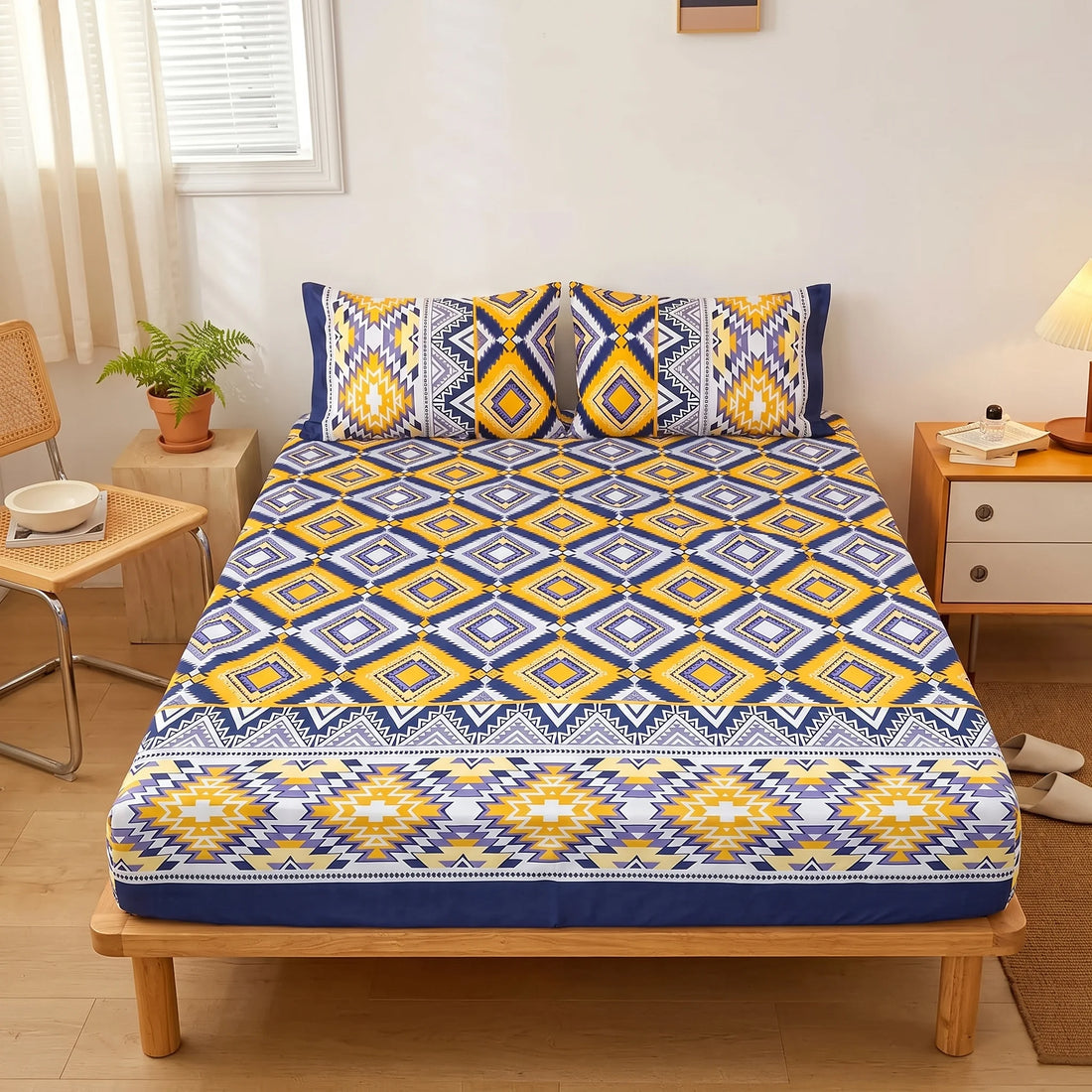 Mustard & Navy Diamond Fitted Sheet Set — Pure Cotton