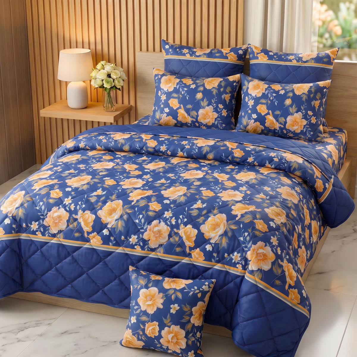 Royal Blue & Amber Floral Comforter Set — 8 PCS