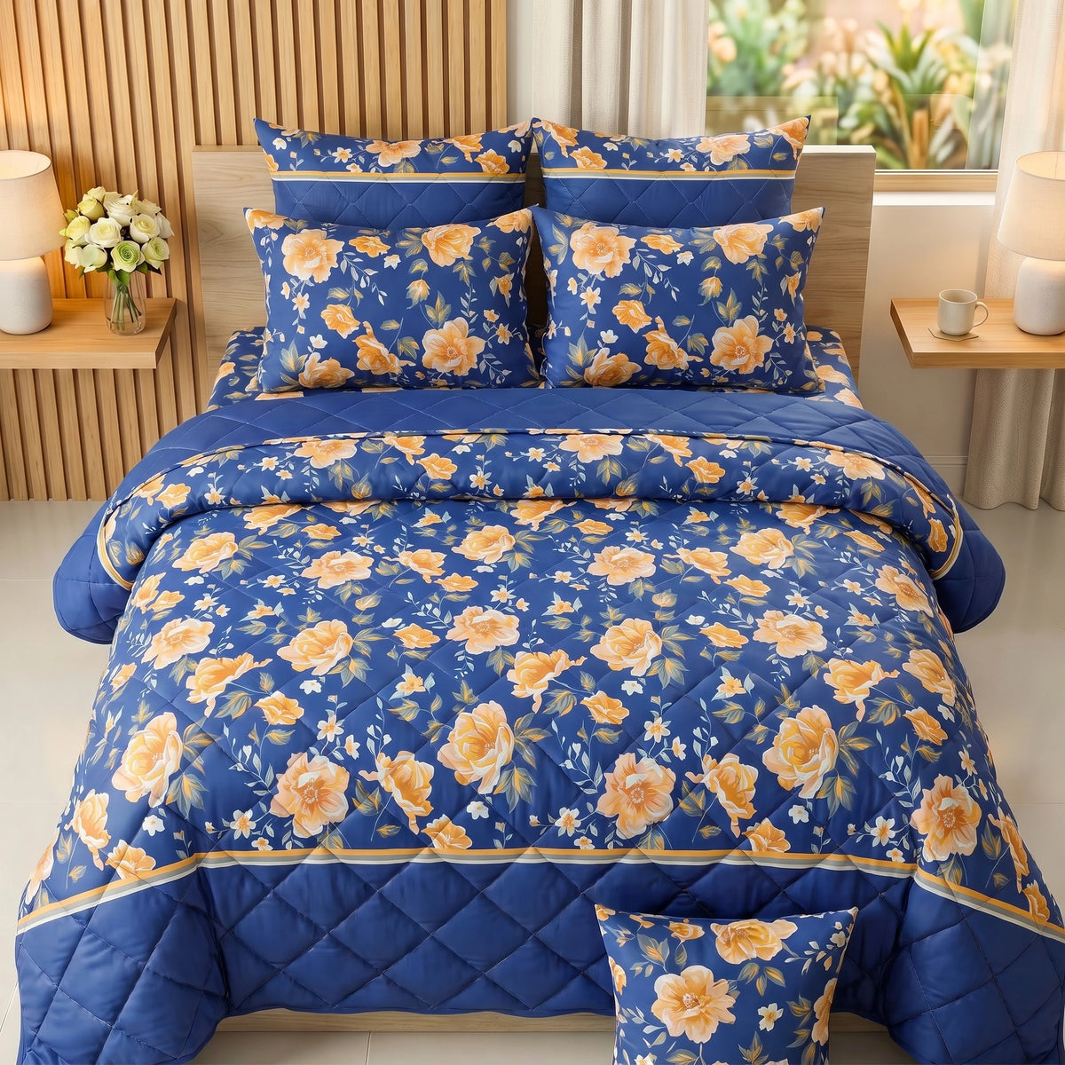 Royal Blue & Amber Floral Comforter Set — 8 PCS