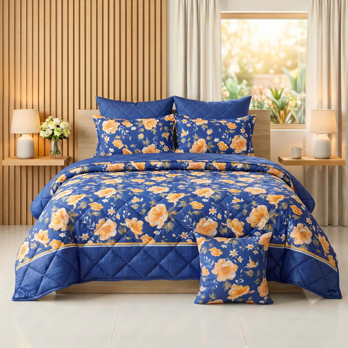 Royal Blue & Amber Floral Comforter Set — 8 PCS